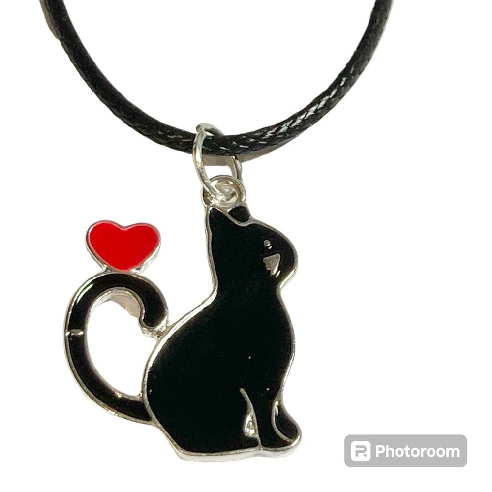 Black Cat Charm Pendant Necklace 16-18" Enamel Red Heart Halloween Cat Lady